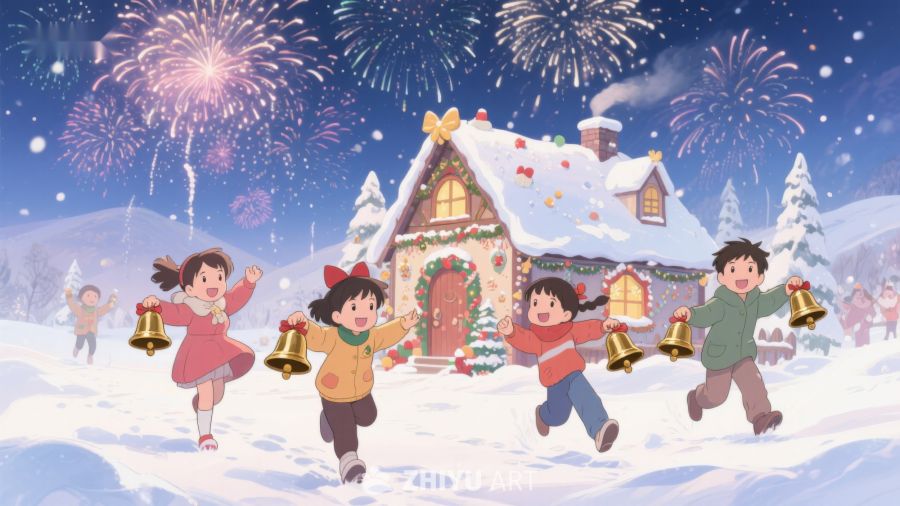 雪夜欢庆，孩童铃声迎新年 358