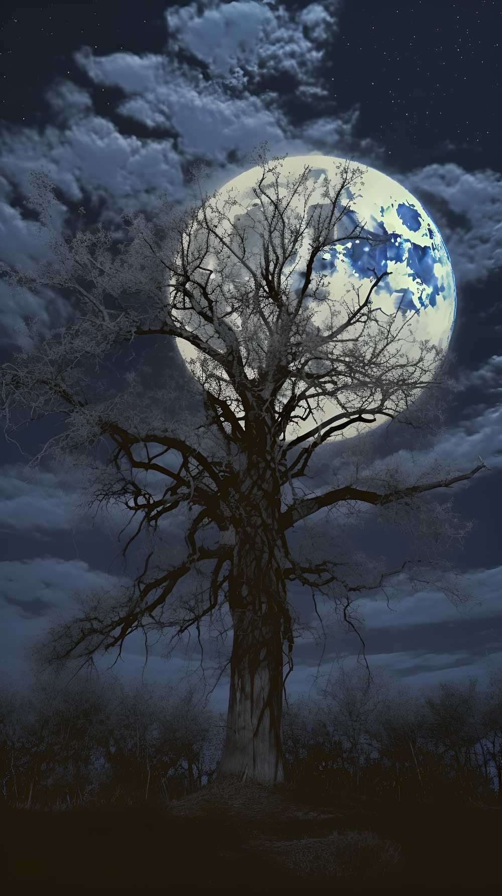 没有叶子的树和月亮夜景