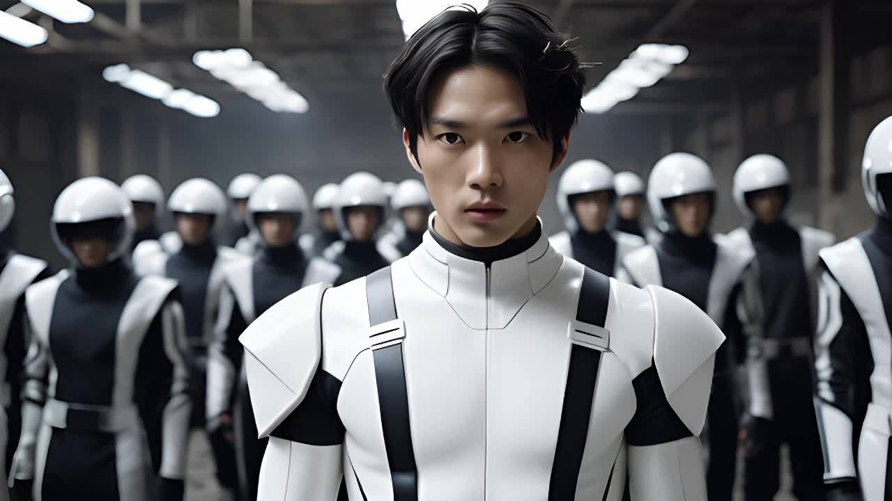 一个穿白色未来感服装、带有黑色条纹的年轻男子站在一