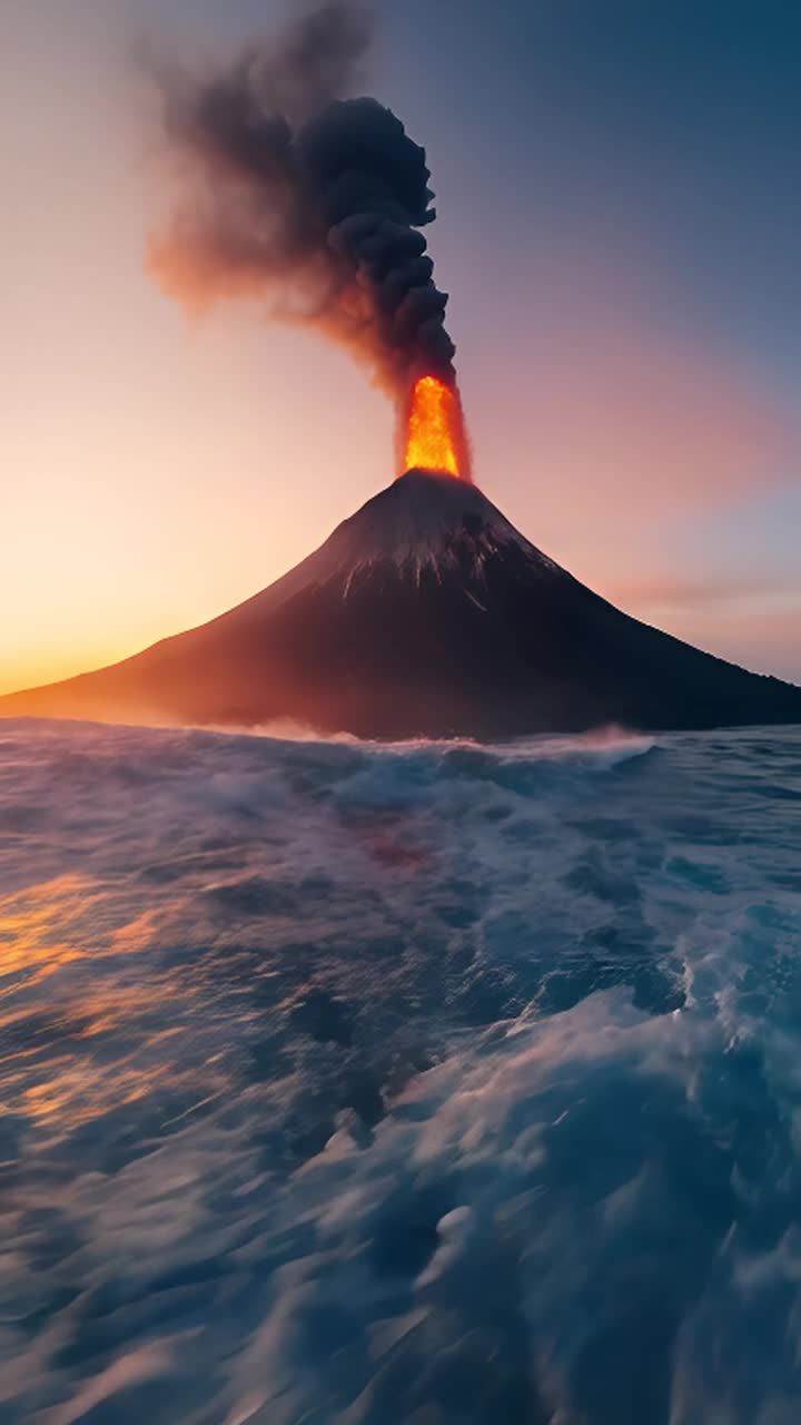 一座火山在早晨在海面上爆发，距离有人居住的岛屿不远