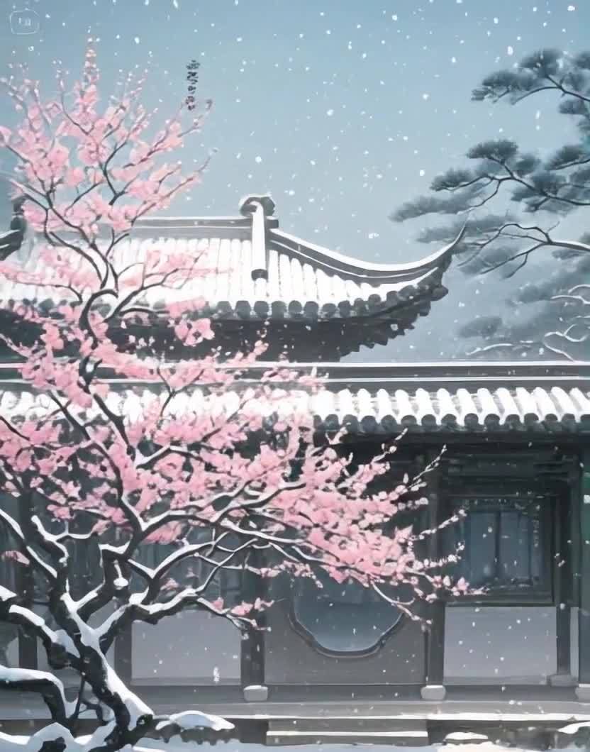 雪落古宅，粉樱点缀，冬日意境悠远静谧。