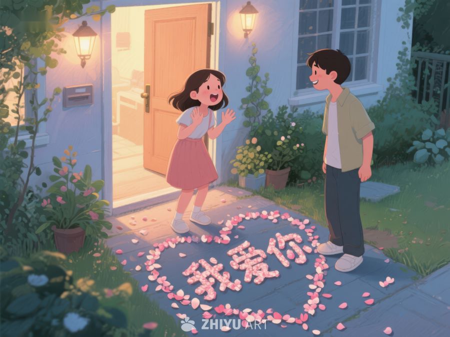 门前花瓣心形，男女温馨互动 471