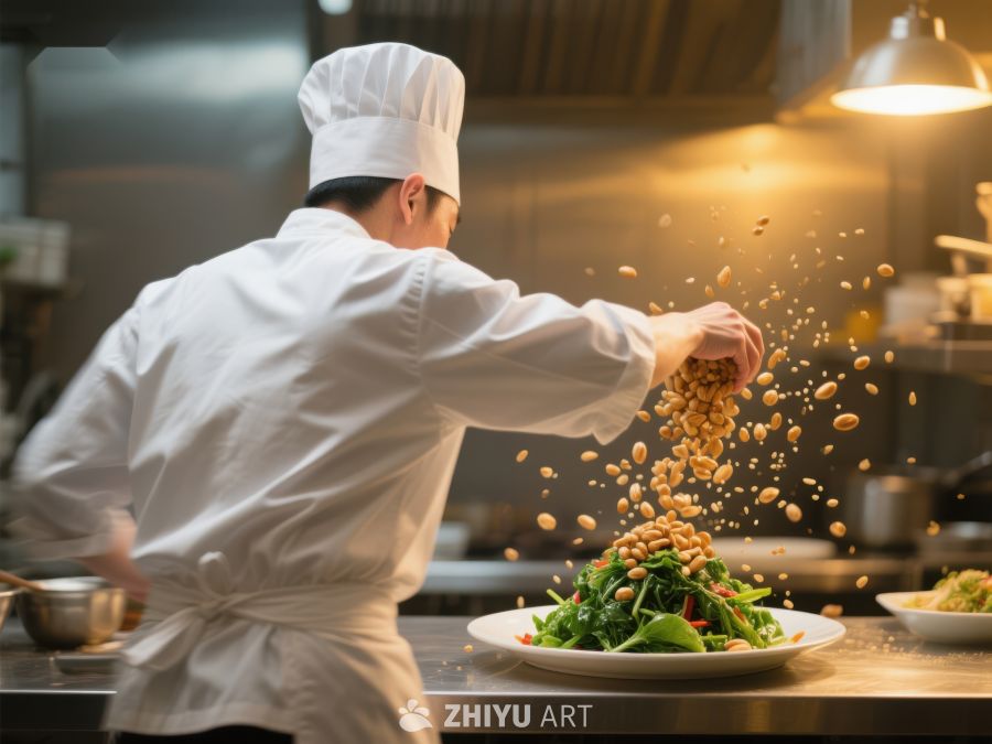 厨师撒坚果装饰沙拉 92