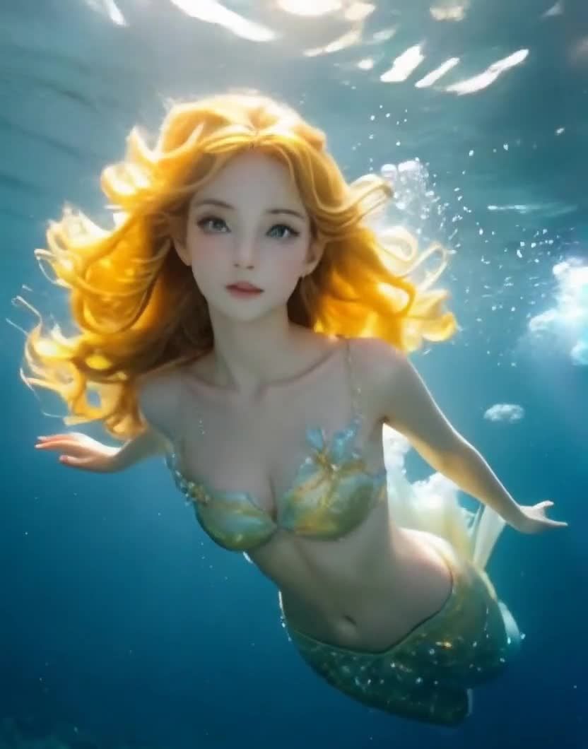 金发美人鱼水中畅游，阳光下，鱼尾闪耀光芒。
