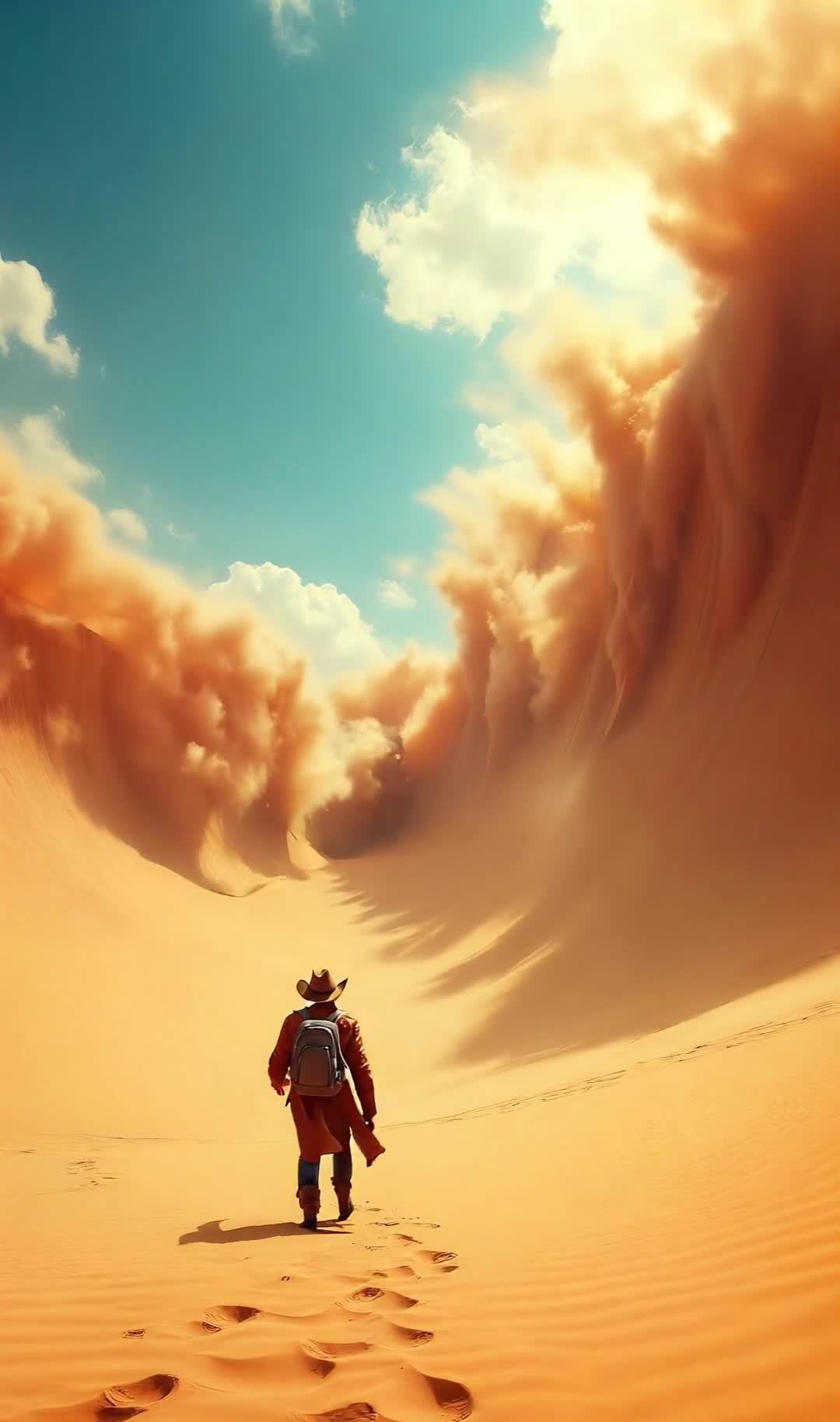 沙尘从地面吹向天空，形成巨大的沙浪，沙浪快速翻滚并