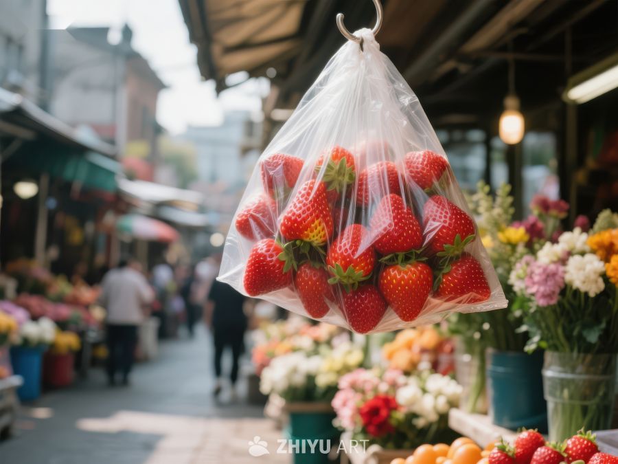 市场摊位上悬挂的新鲜草莓 482