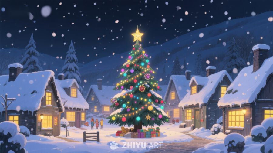 雪夜中的圣诞树与温馨村庄 499