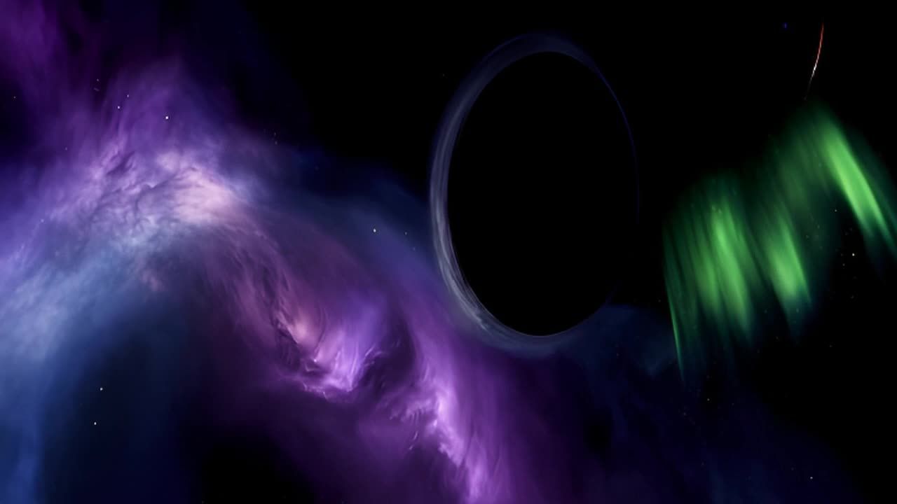 一个未来感的星际黑洞悬浮在空中，背景是一个巨大的气
