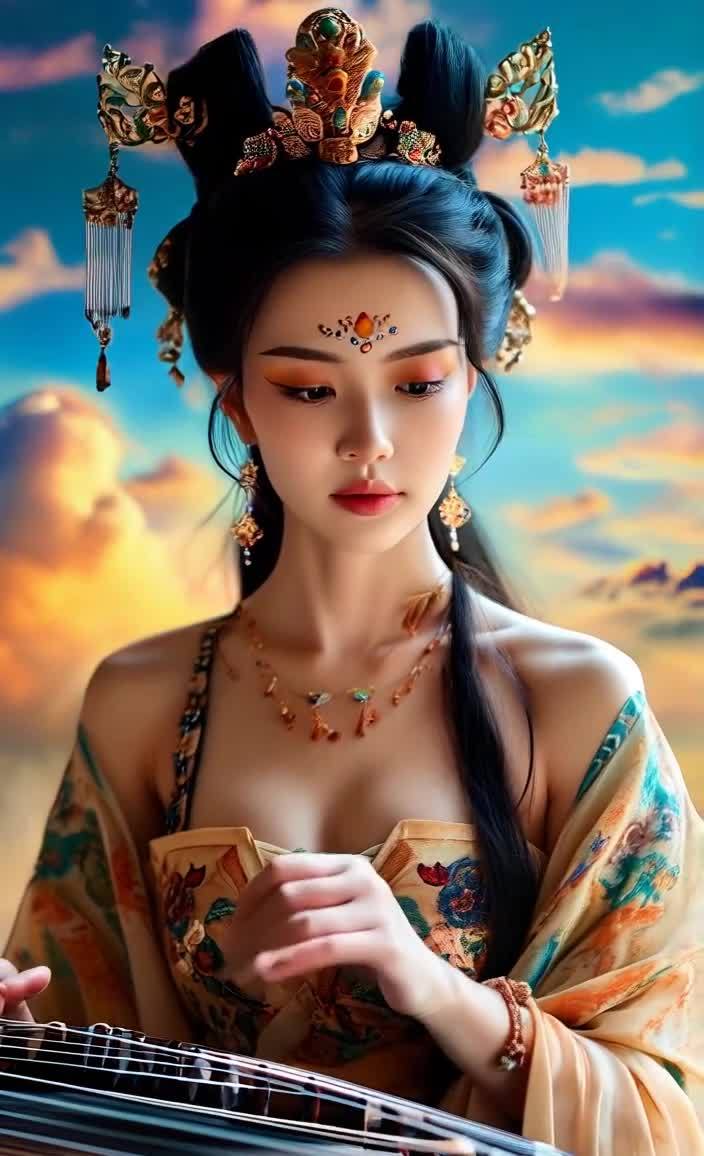 古典美女抚琴，头饰华丽，背景天空云彩变幻。