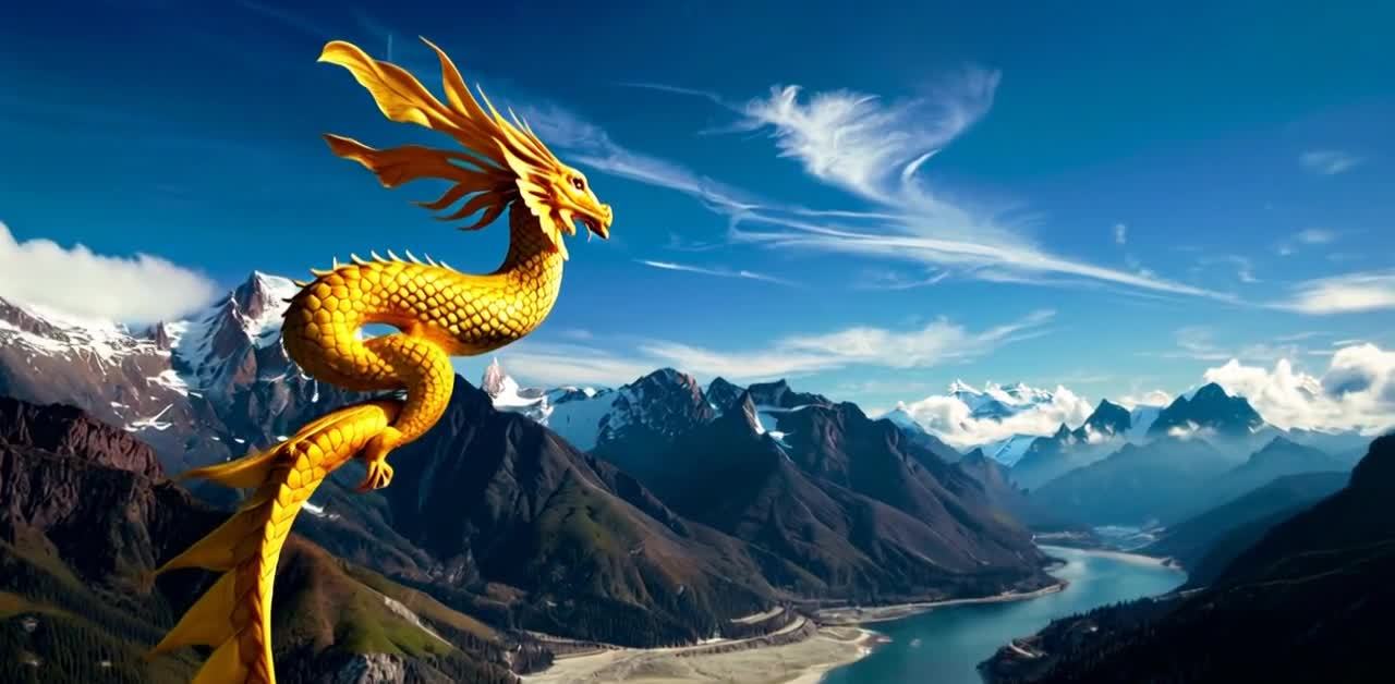 一条金色的中国龙盘旋在空中，下方是山川河流。天空湛