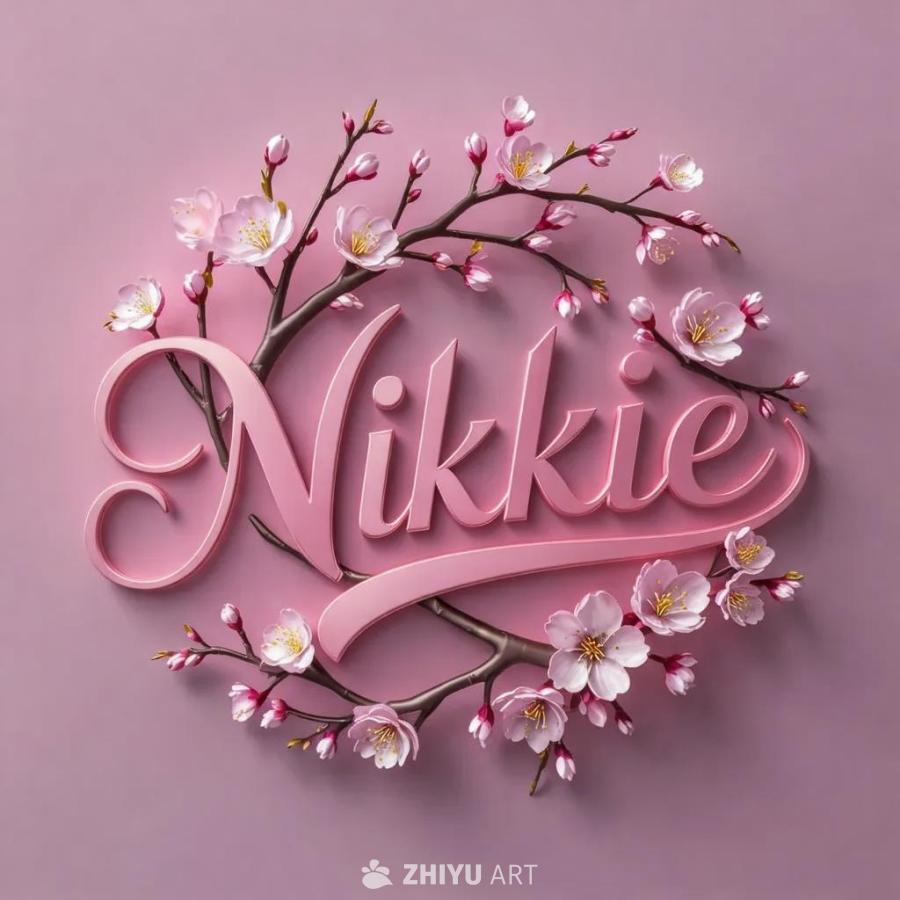 粉色的“nikkie”字样徽标，周围环绕着精致的樱