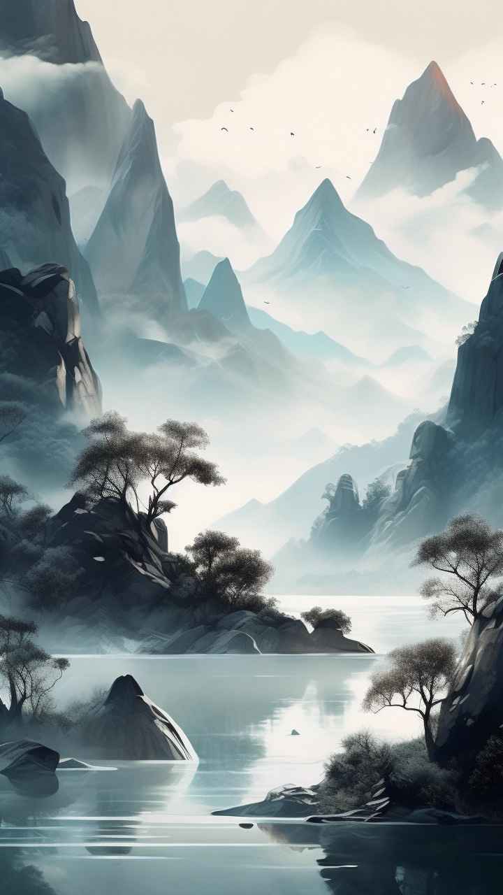 国风水彩画山水风景插画 75