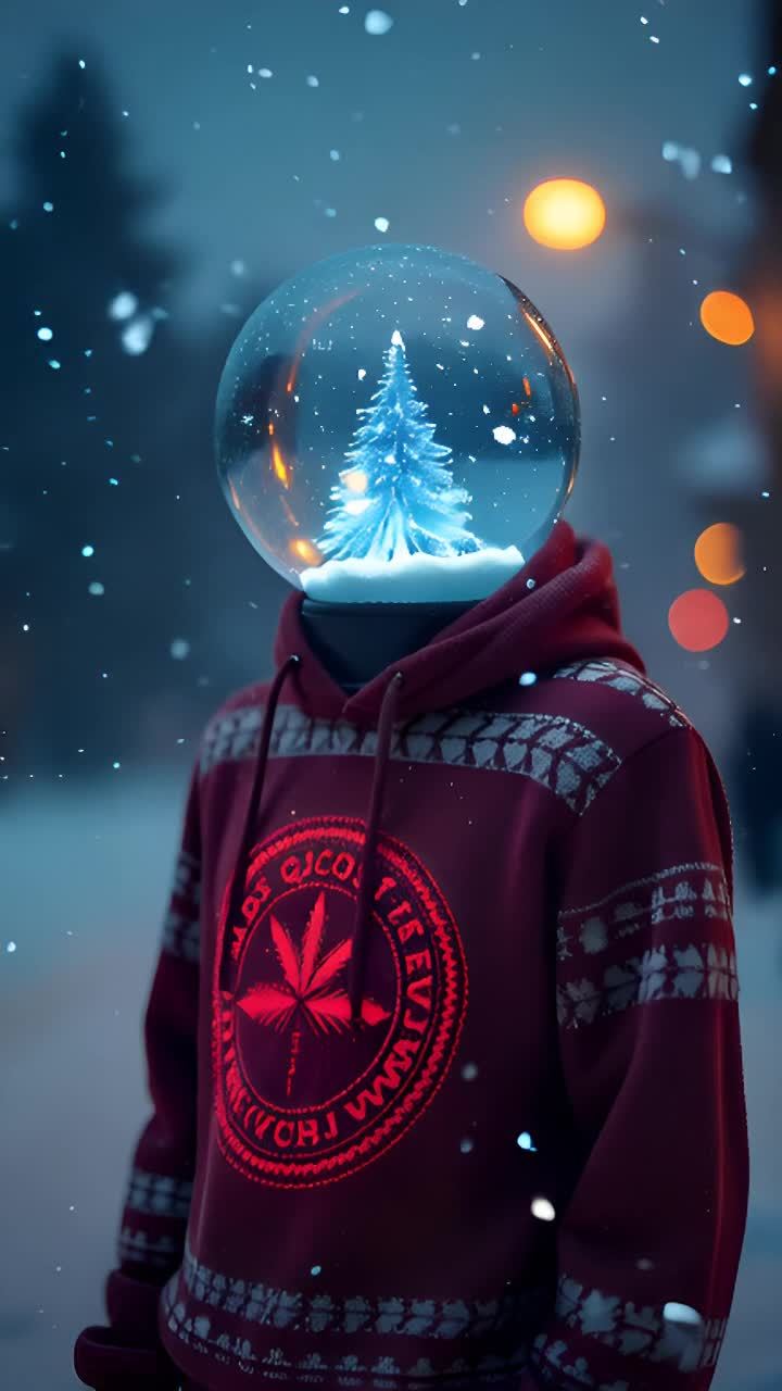 一个穿着红色连帽衫的人，头顶是一个雪球。雪球内部有