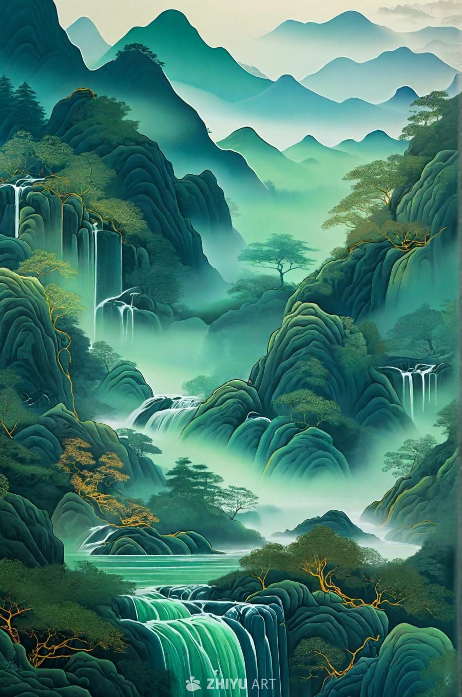 画面展示了受中国传统绘画影响的山水画，其中有连绵起