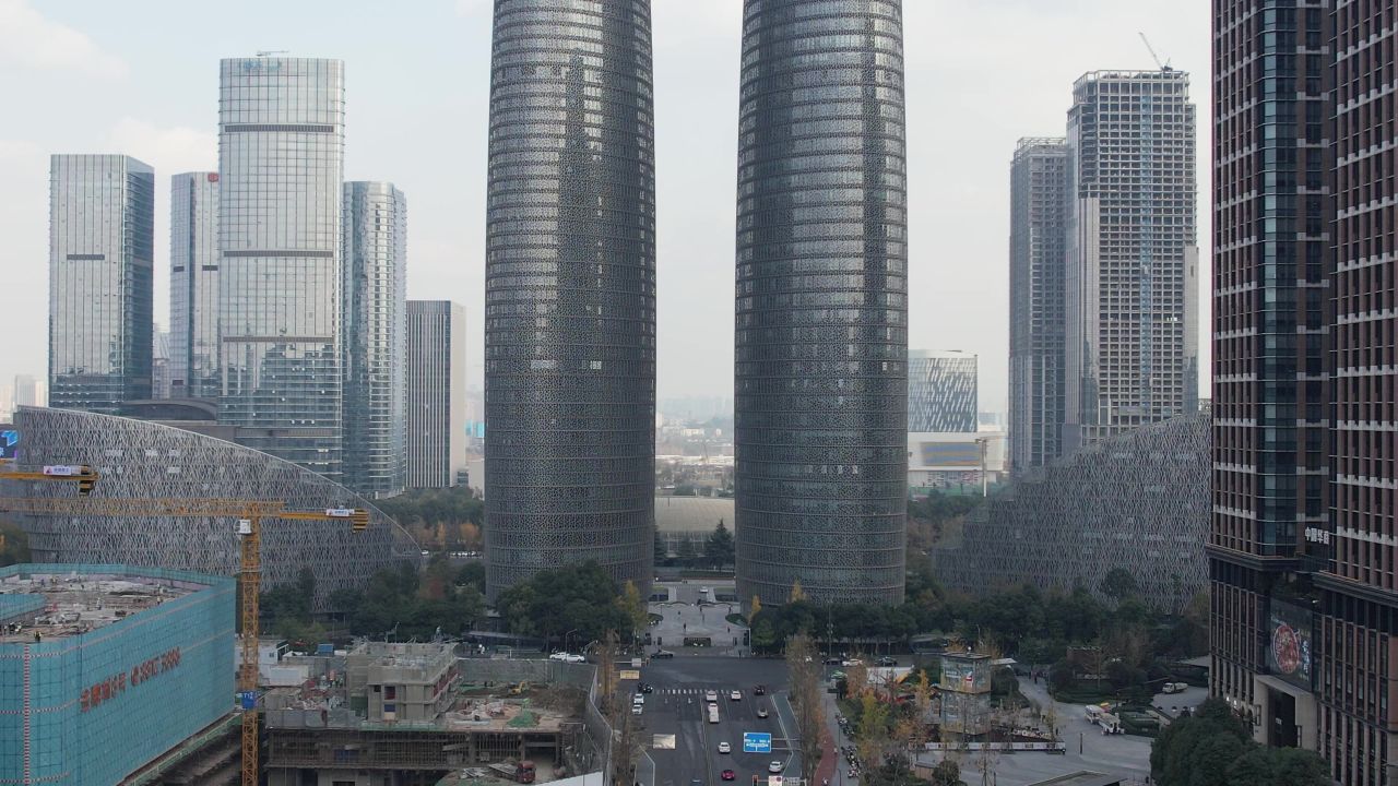 成都金融中心双子塔地标建筑航拍