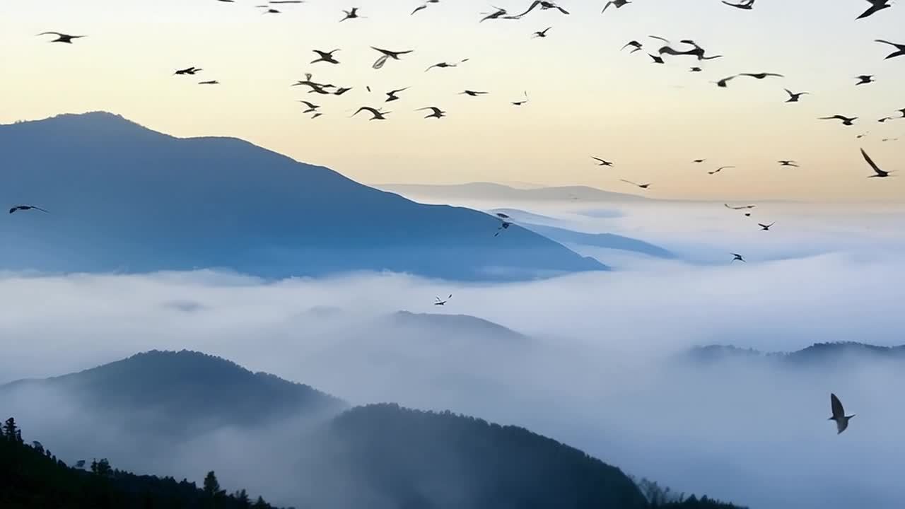 云雾笼罩着连绵的山脉，一群候鸟在空中飞翔。山脉呈现