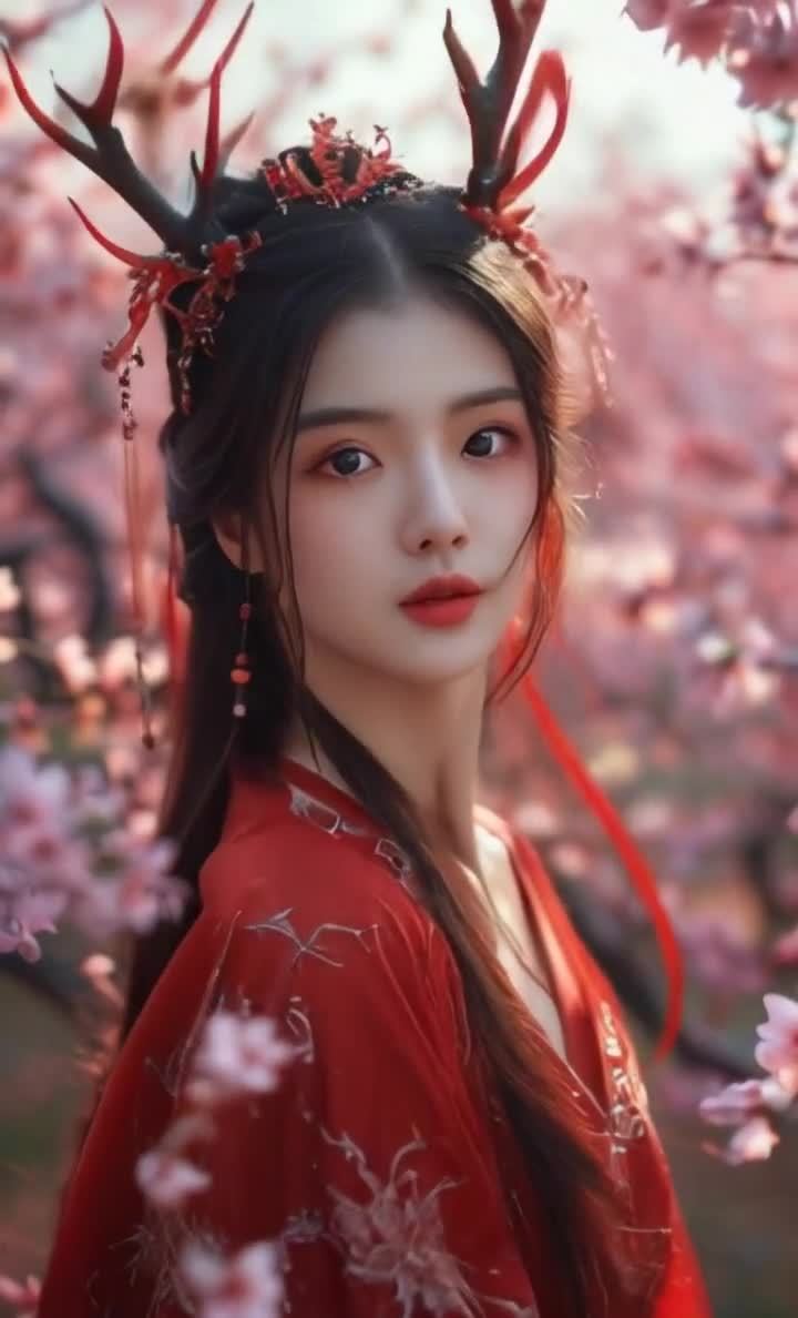 樱花树下红衣女子，鹿角发饰容貌精致温柔。
