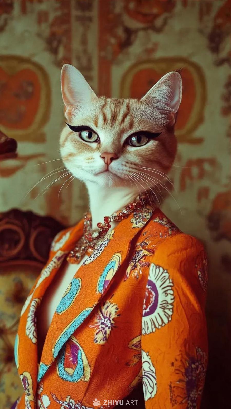 一只化了妆的猫，眼睛画着眼线，脖子上戴着项链，穿着