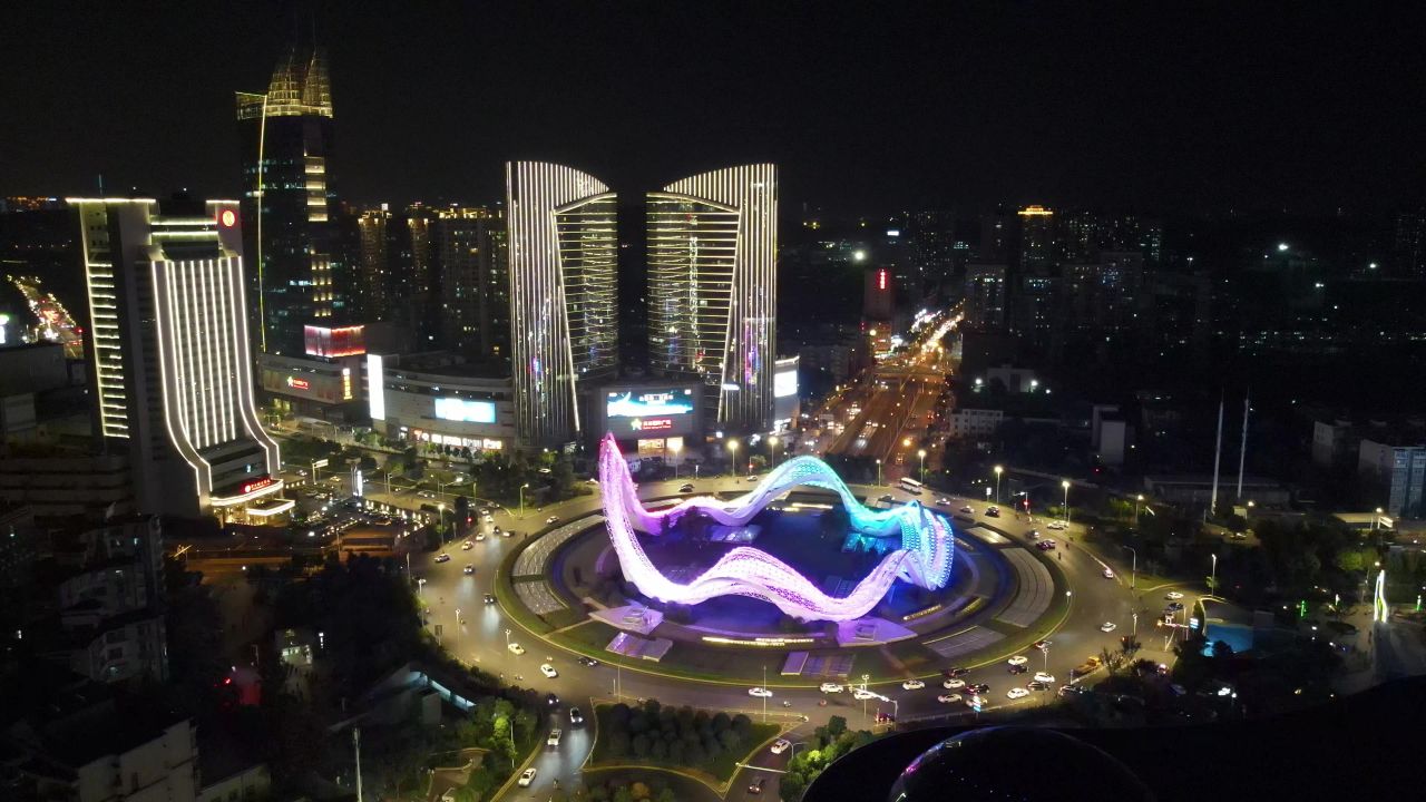 湖北武汉光谷广场夜景交通转盘航拍