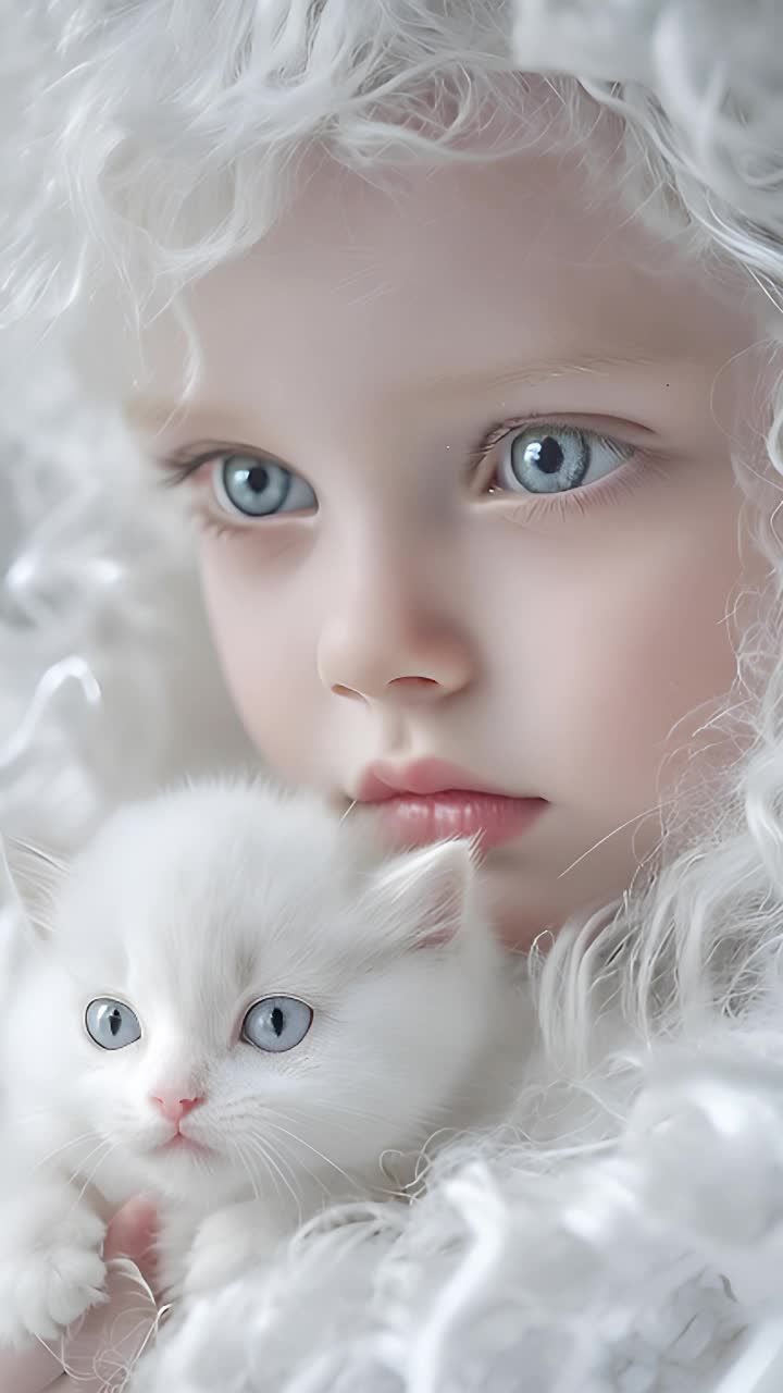 一个有着白色蓬松头发的小女孩，正注视着她猫咪那双醒
