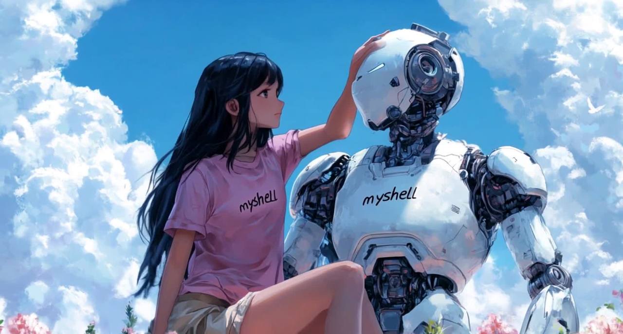 少女与Myshell机器人草地相依蓝天白云