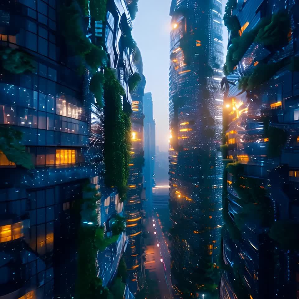 高耸的未来主义赛博城市建筑，覆盖着常春藤植物，建筑