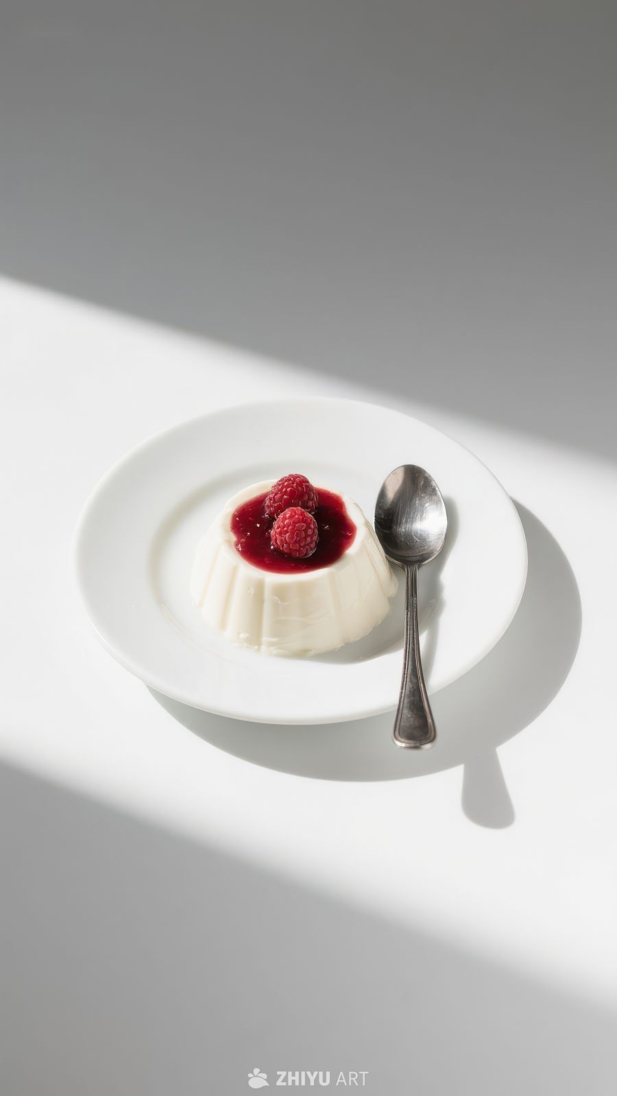 精致甜品：奶冻配覆盆子酱