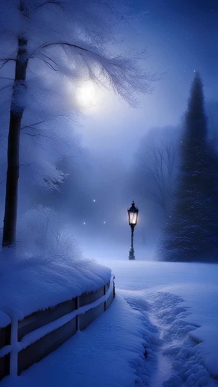 雪景中有一盏孤零零的路灯，它的光芒在周围的小路上投