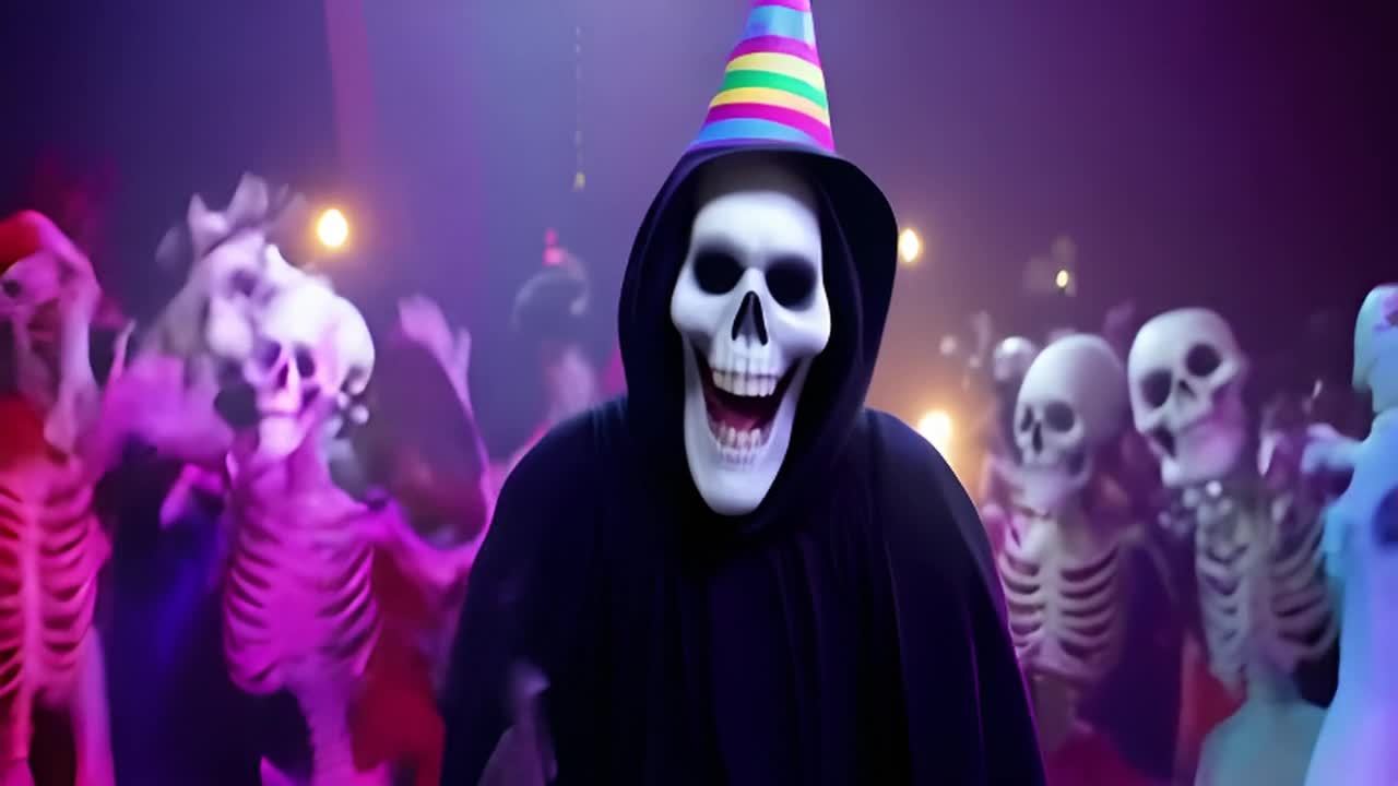 一个戴着彩色派对帽的骷髅死神，穿着黑色长袍，在一群