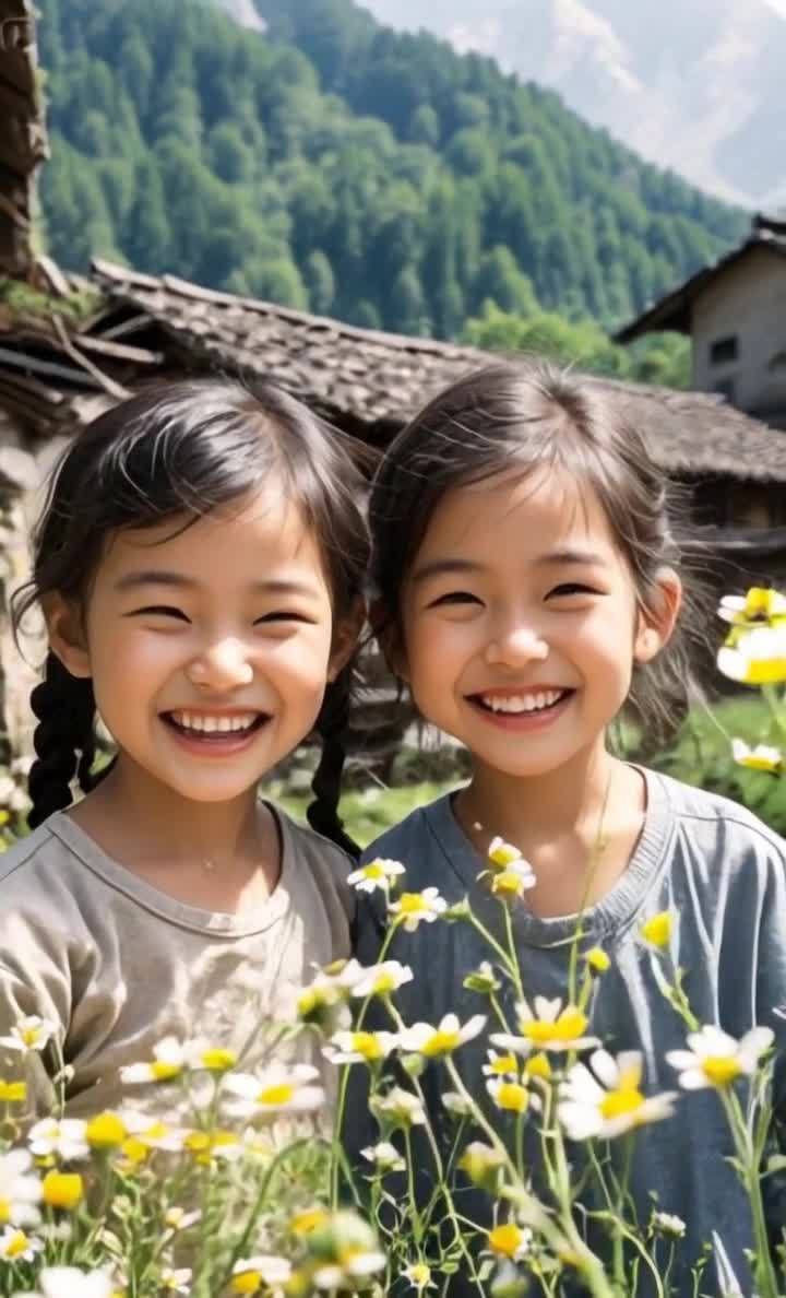 两个女孩面带微笑，站在开满小白花的草地上。她们穿着