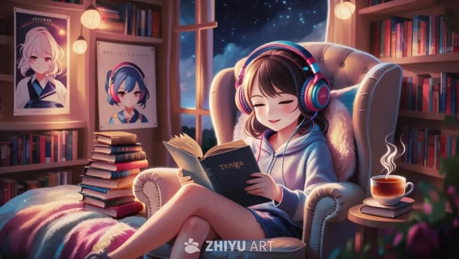 一个动漫风格的图像，一个宁静的少女依偎在毛绒扶手椅