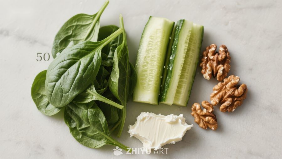 新鲜食材：菠菜、黄瓜、核桃与奶油