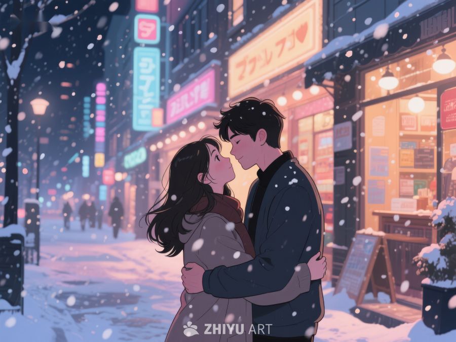雪夜街头的温馨拥抱 885