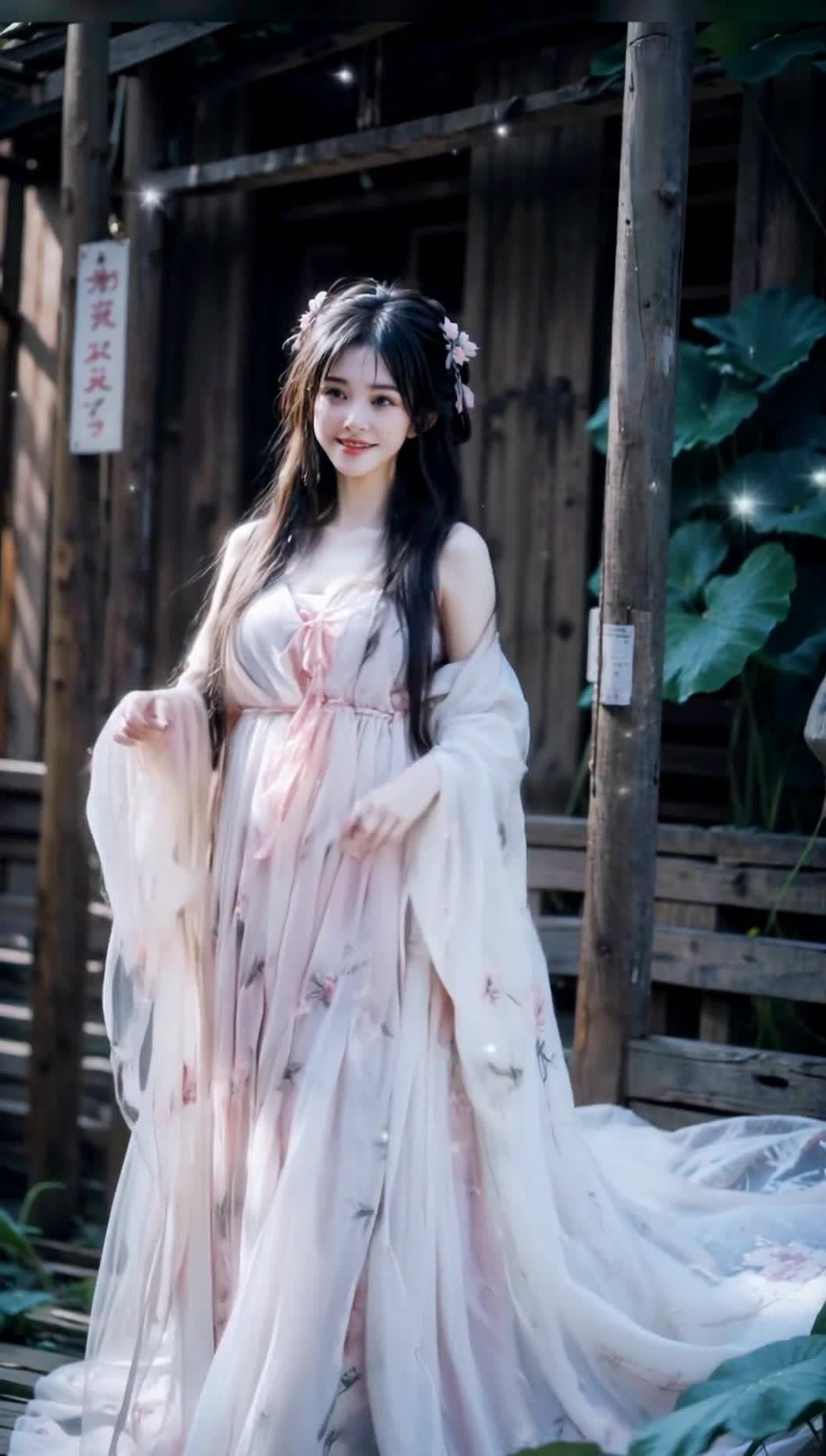 古装少女伫立木栅栏旁，花饰与衣裙相映成趣