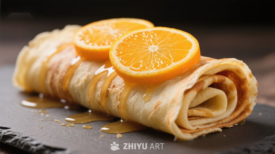 橙片点缀的蜂蜜煎饼卷