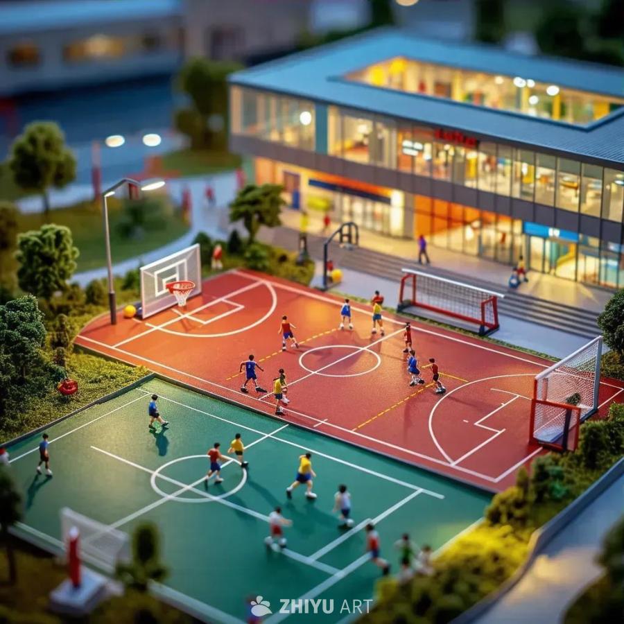 一个微型的、充满活力的体育中心，拥有一个紧凑的篮球