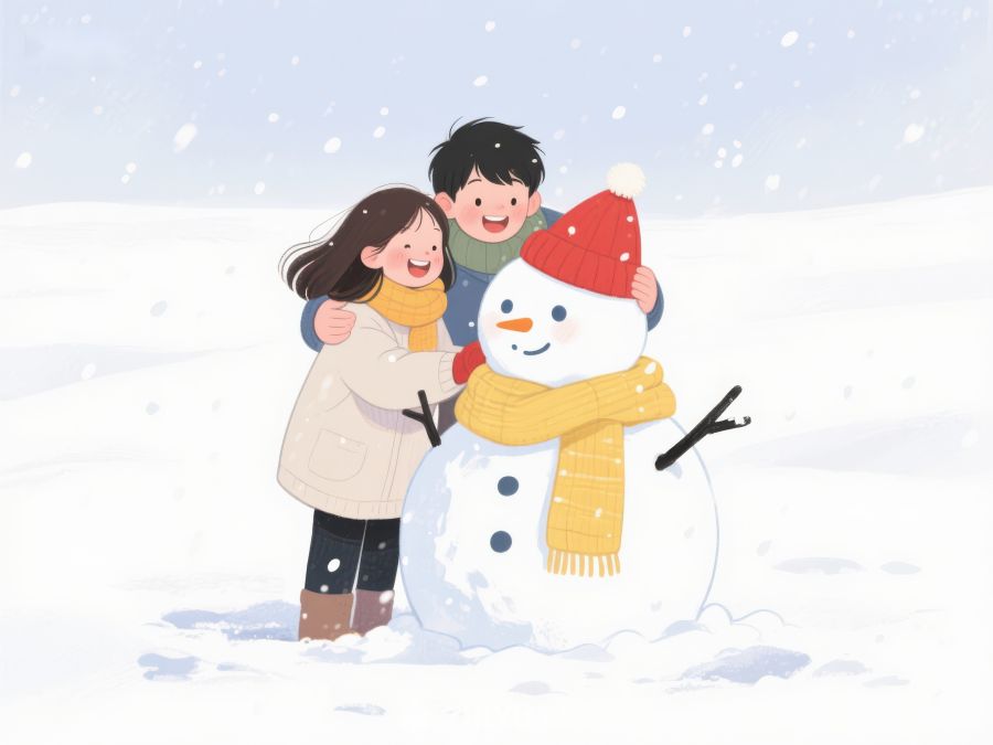 冬日雪地，两人与雪人合影 121