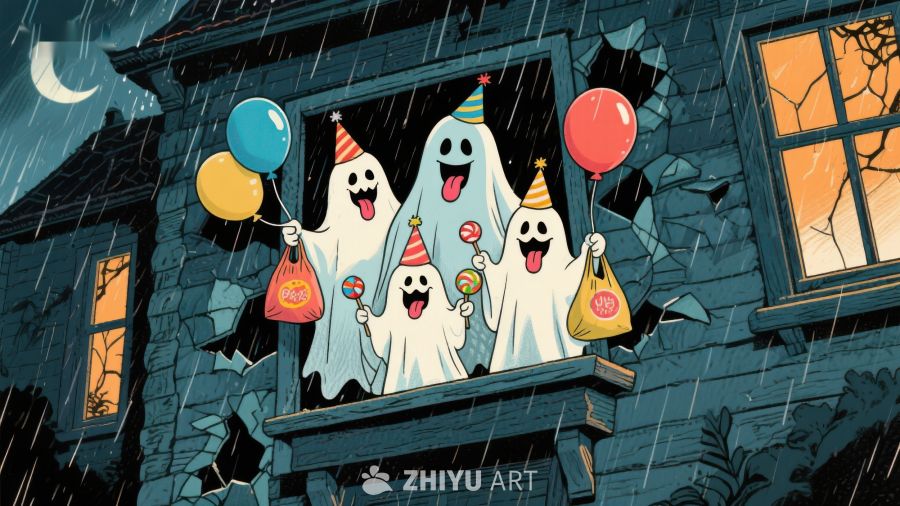 万圣节幽灵手持糖果袋和气球