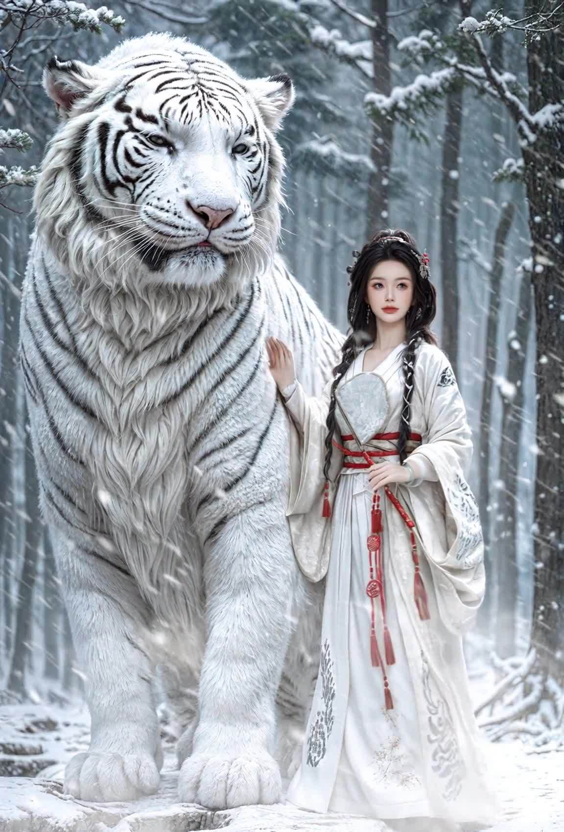一名身穿白色长裙的女子站在雪地里，她手持一把扇子，