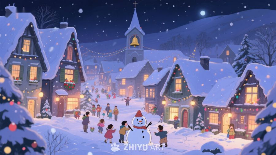 冬夜小镇欢聚雪人 91