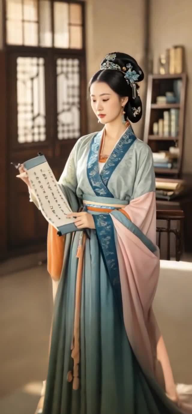 古装女子持卷，古典室内场景，东方韵味。