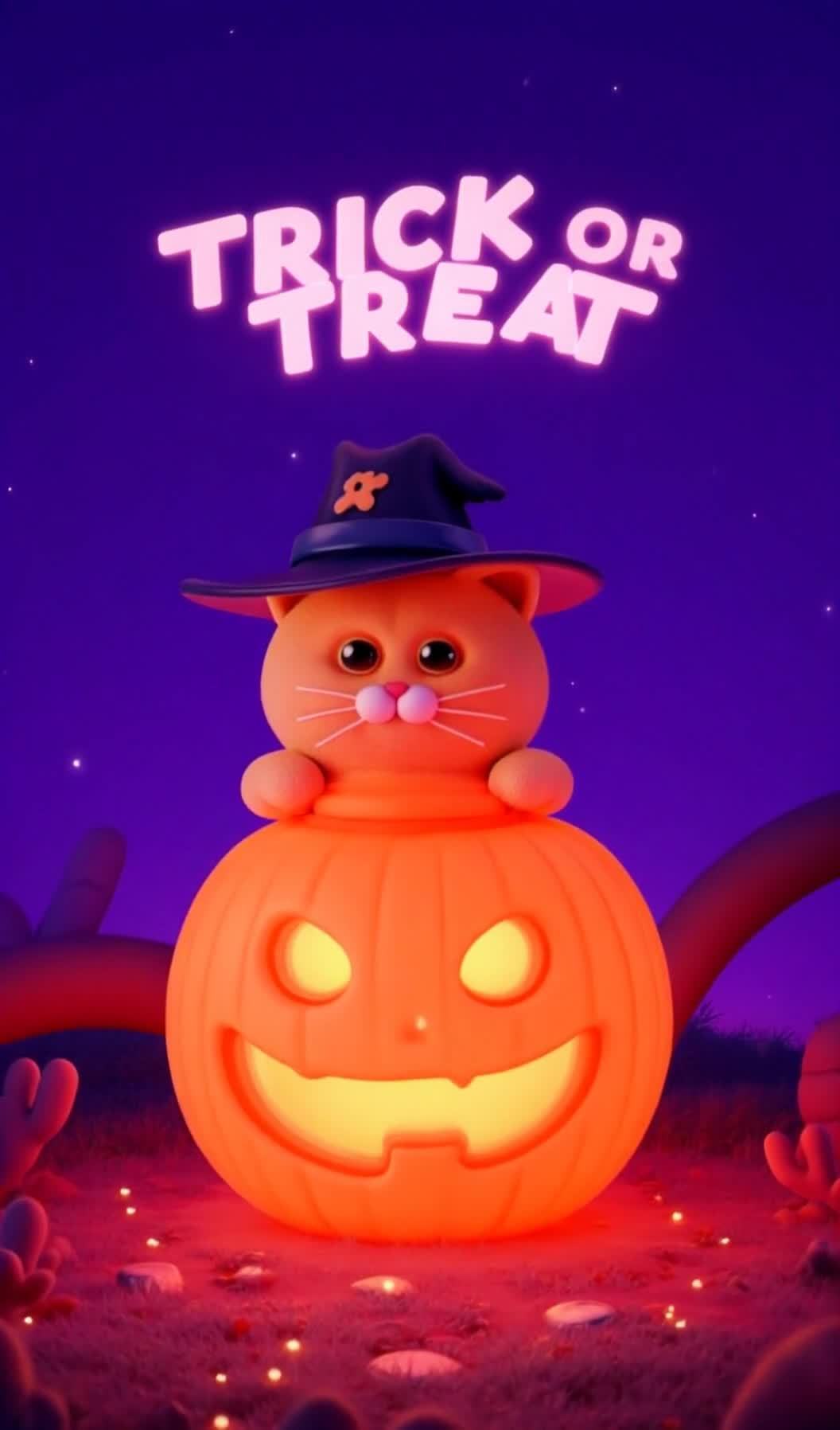 一只卡通小猫戴着巫师帽坐在一个刻有鬼脸的南瓜灯上。