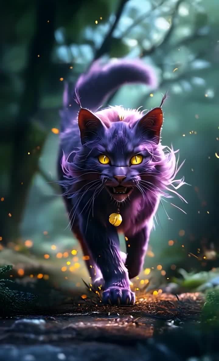 一只紫色的猫科动物走在树林里，它的眼睛是黄色的，脖