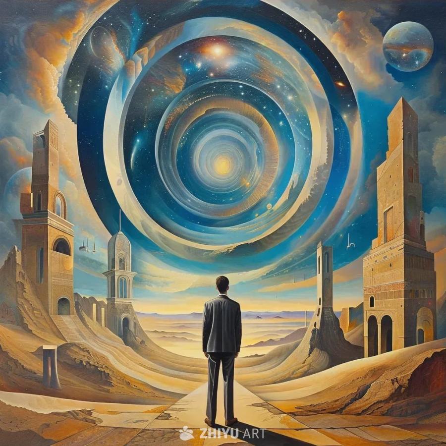 一个穿着西装的男人独自站在一个超现实、时间扭曲的景
