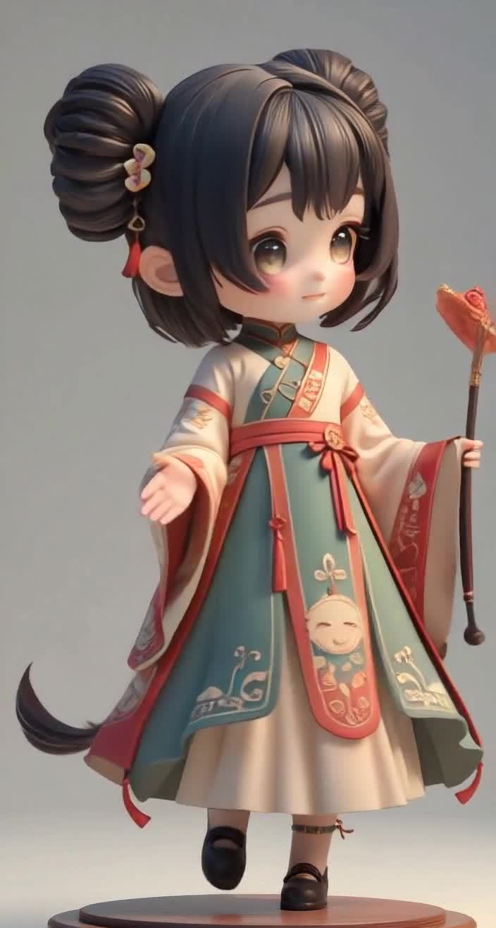 一个穿着古风服饰的卡通小女孩站在一个圆形台座上。她