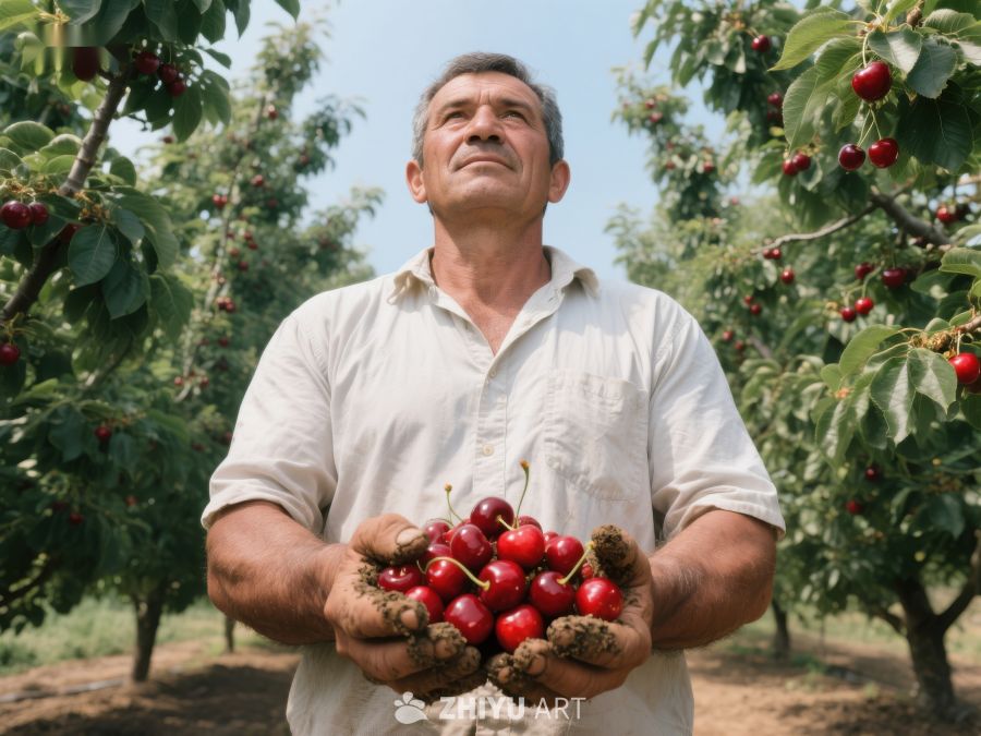 果园农夫手捧樱桃 224