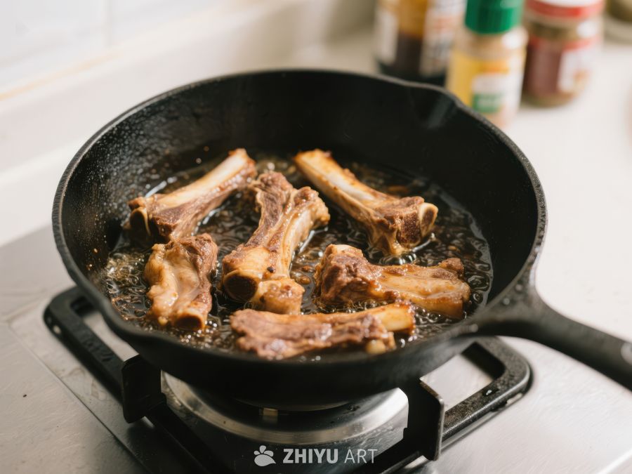 铸铁锅中煎煮的羊排 1182