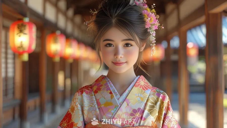一位身着和服的年轻日本女孩站在走廊上。她留着棕色的
