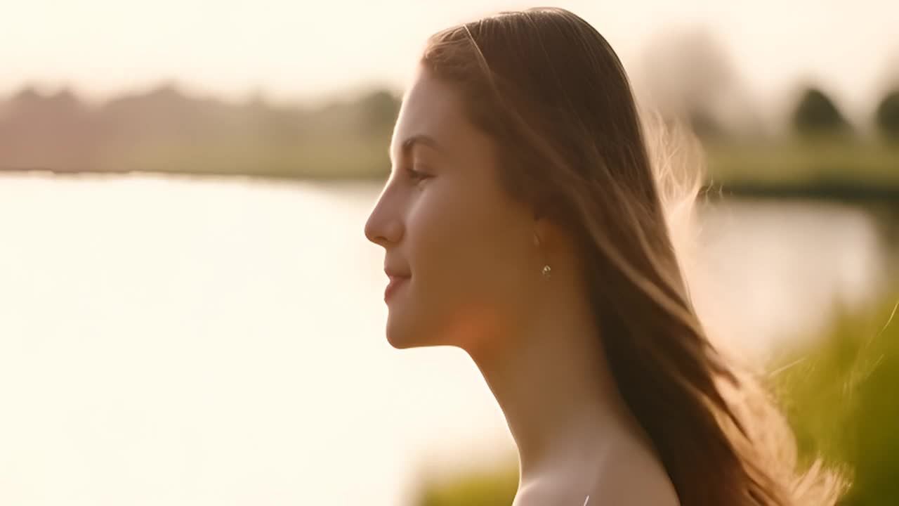 一名女子站在河边或花园旁，她的头发在微风中轻轻飘动
