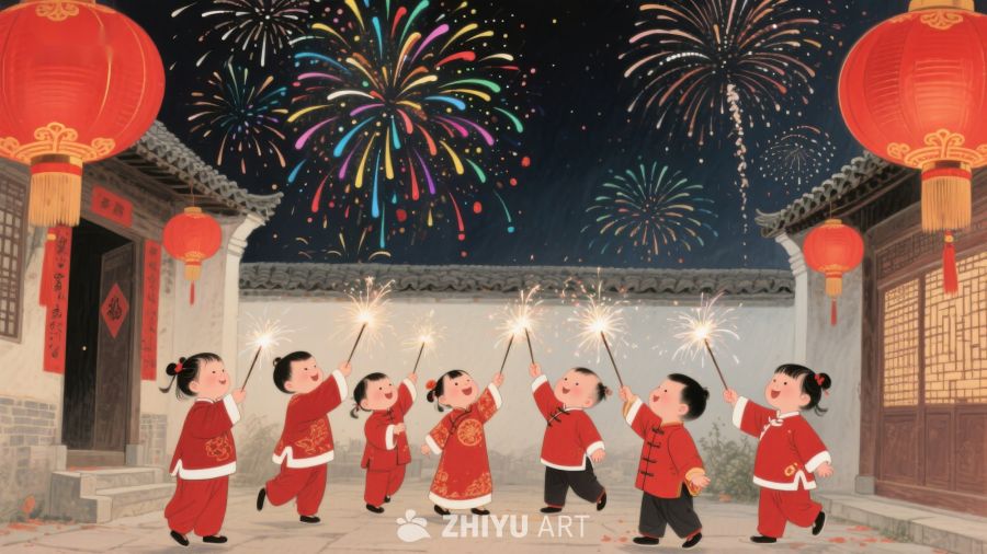 孩童欢庆节日，手持烟花笑颜 29